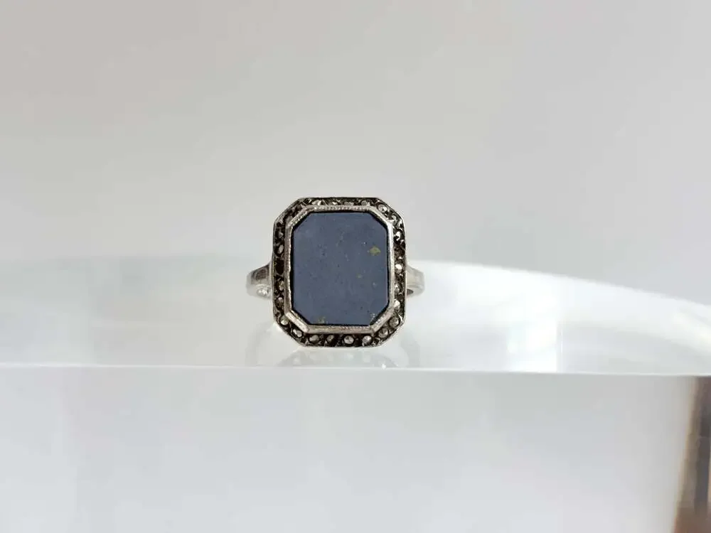Lapis Lazuli Blue Octagon Shaped Marcasite Framed Gemstone Bezel Set Sterling Si